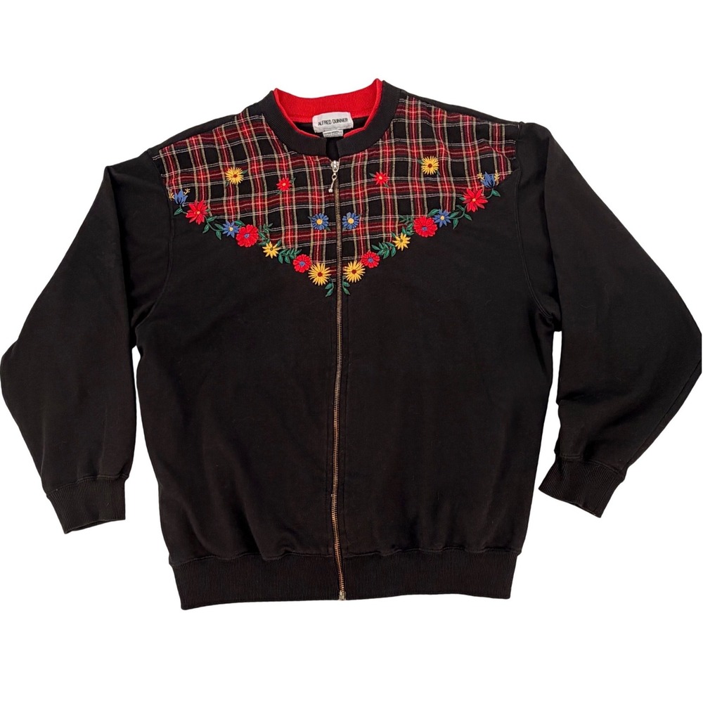 Alfred Dunner Jacket Sweatshirt Large Black Plaid Floral‎ Embroidery Vintage